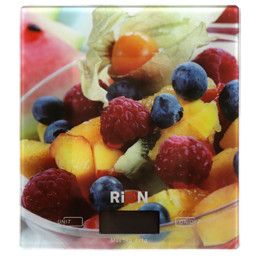 Весы кухонные электронные, стекло, Rion, Фрукты и ягоды, точность 1 г, до 5 кг, LCD-дисплей, PT-893 весы кухонные добрыня do 3010e ягоды