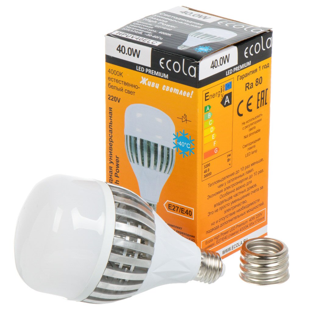 Лампа светодиодная E27-E40, 40 Вт, 220 В, цилиндрическая, 4000 К, свет нейтральный белый, Ecola, High Power, LED hagen флуоресцентная лампа power glo
