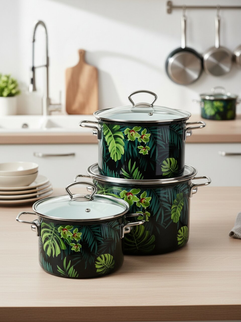 Набор посуды эмалированная сталь, 3 предмета, кастрюли 2.4,3.4,5 л, индукция, Керченский металлургический завод, Тропическая ночь-5-1-Элит