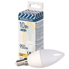 Лампа светодиодная E14, 10 Вт, 80 Вт, свеча, 3000 К, свет теплый белый, Ergolux, Ergolux