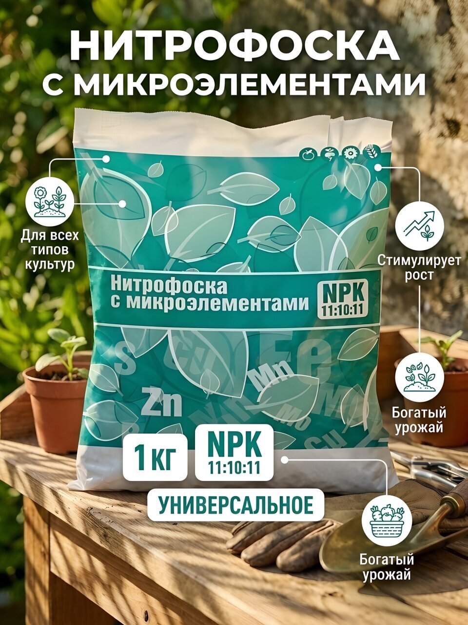 Удобрение Нитрофоска с микроэлементами, универсальное, минеральное, гранулы, 1 кг, Factorial