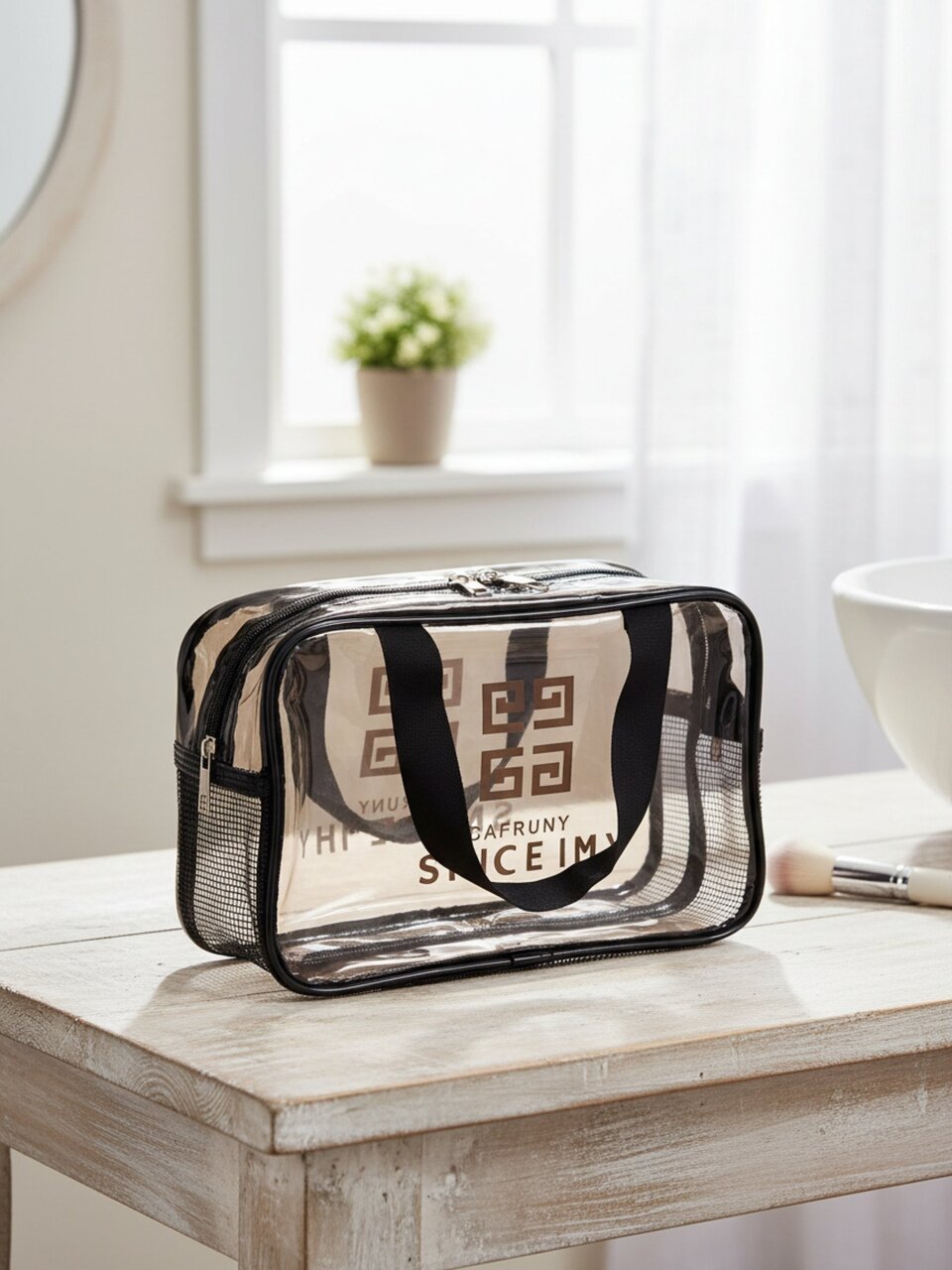 Косметичка 32х16х21 см, с ручками, A080108, прямоугольная, застежка молния, черно-прозрачная