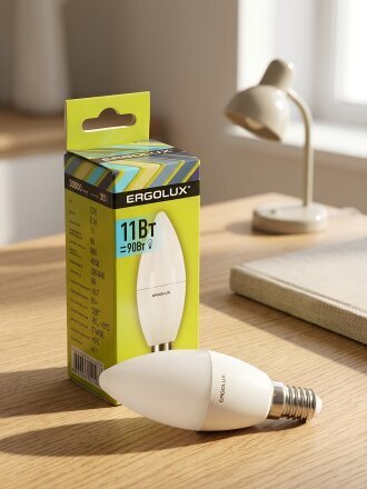 Лампа светодиодная E14, 11 Вт, 90 Вт, свеча, 4000 К, нейтральный белый свет, Ergolux, 13619