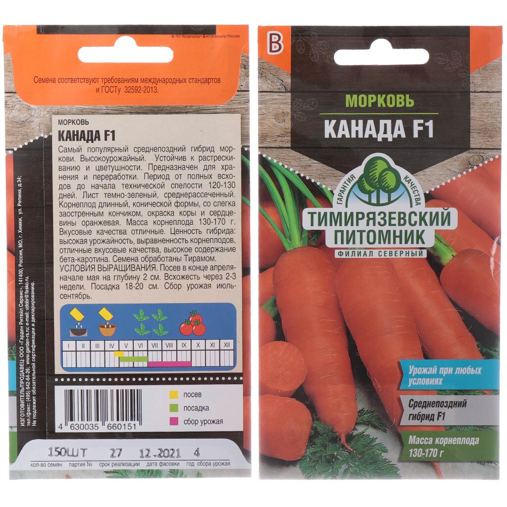 Семена Морковь, Канада F1, 150 шт, цветная упаковка, Тимирязевский питомник
