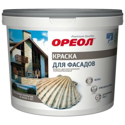 Краска водно-дисперсионная, Ореол, полиакриловая, фасадная, влагостойкая, матовая, белая, 3 кг