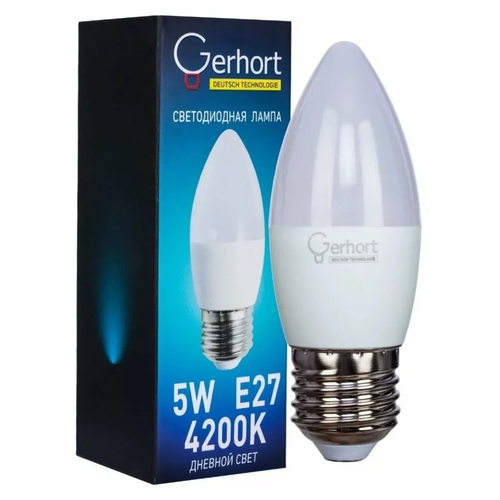 Лампа светодиодная E27, 5 Вт, свеча, 4200 К, свет дневной, Gerhort