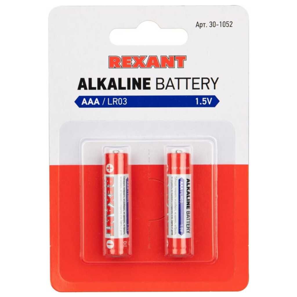 Батарейка Rexant, ААА (LR03), алкалиновая, 1.5 В, блистер, 2 шт, 30-1052 батарейка rexant lr60 ag1 lr621 g1 164 gp64a 364 sr621w 30 1040 10 штук