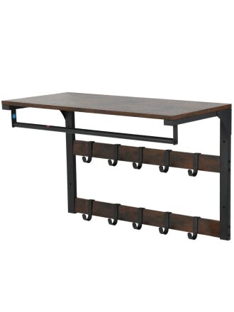 Вешалка настенная 10 крючков, с полкой, настенная, 65х30х42 см, ДСП, сталь, Лофт, LCR101B01, коричнево-черная