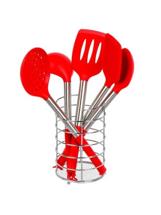 Набор кухонных принадлежностей 5 предметов, силикон, на подставке, красный, Y4-6434
