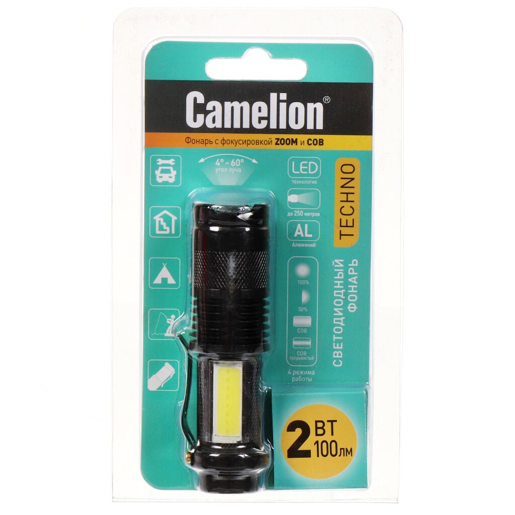 Фонарь Camelion, LED51531, алюминий, 4 режима, XPE+COB, ZOOM, 1XLR6, блистер, 14533 аккумулятор camelion