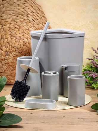 Набор для ванной 6 предметов, серый, пластик, ведро, стакан, подставка для зубных щеток, дозатор, мыльница, ершик, Y6-10723