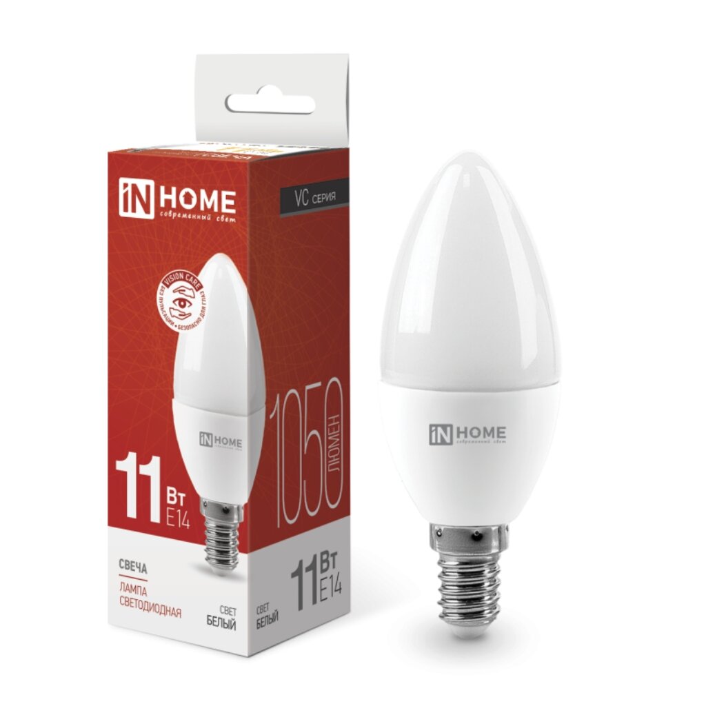 Лампа светодиодная E14, 11 Вт, 100 Вт, 230 В, свеча, 4000 К, свет холодный белый, In Home