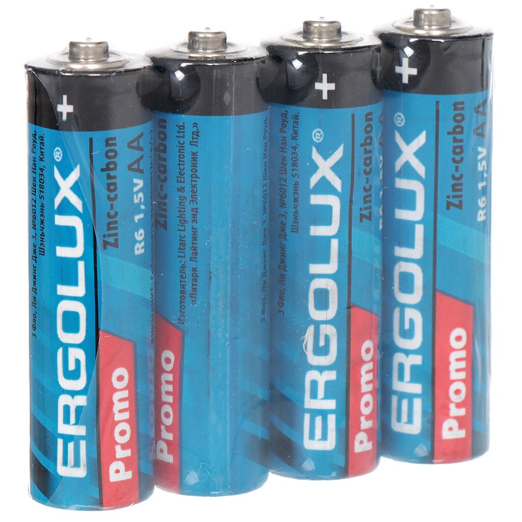 Батарейка Ergolux, АА (LR06, LR6), Zinc-carbon Promo, солевая, 1.5 В, блистер, 4 шт, 13409