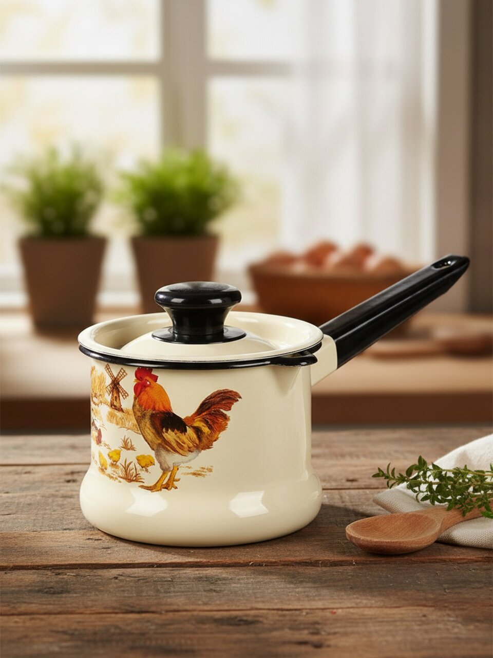 Ковш сталь, эмал, 1 л, сталь ручка, индукц, Керчь, Подворье, 90204-072/4, слоновая