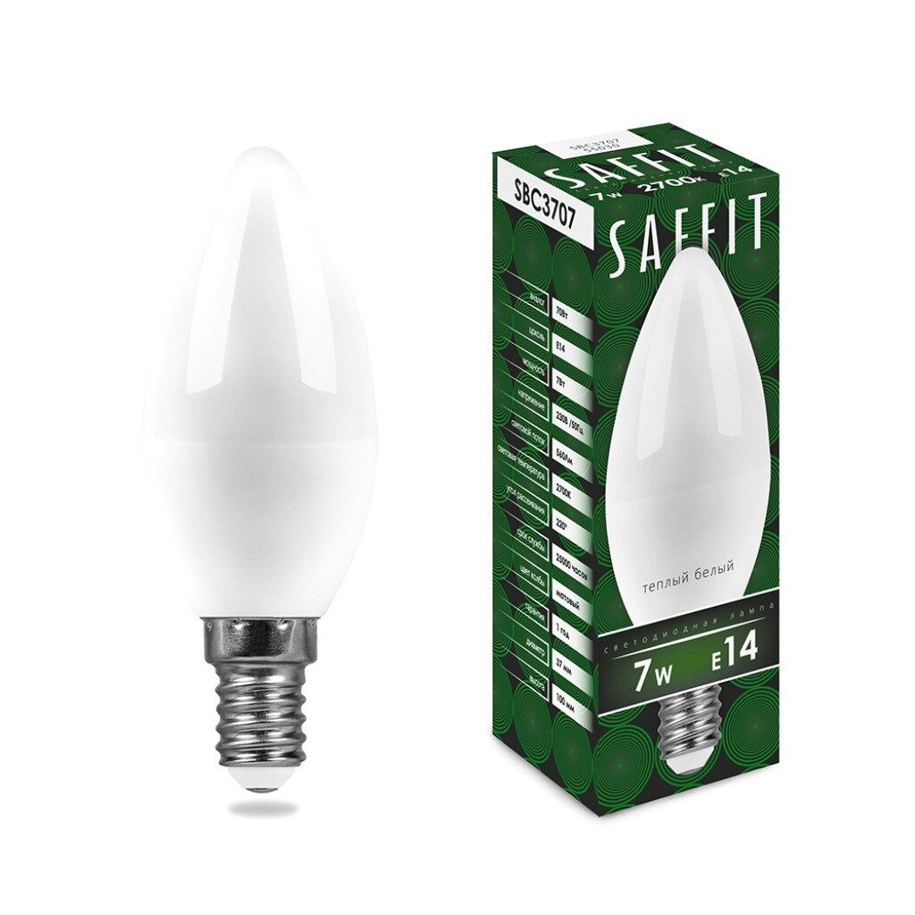 Лампа светодиодная E14, 7 Вт, 70 Вт, 230 В, свеча, 2700 К, свет теплый белый, Saffit, SBC3707, С37, 55030 светодиодный уличный консольный светильник saffit