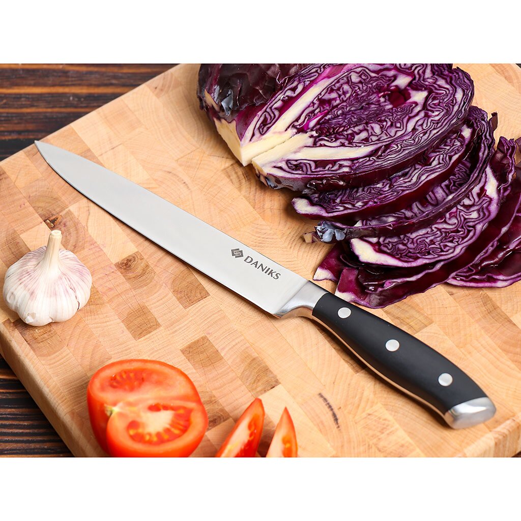 Нож кухонный Daniks, Black, разделочный, нержавеющая сталь, 20 см, рукоятка пластик, 161520-3 разделочный мат рыба 30x40 см прозрачная основа