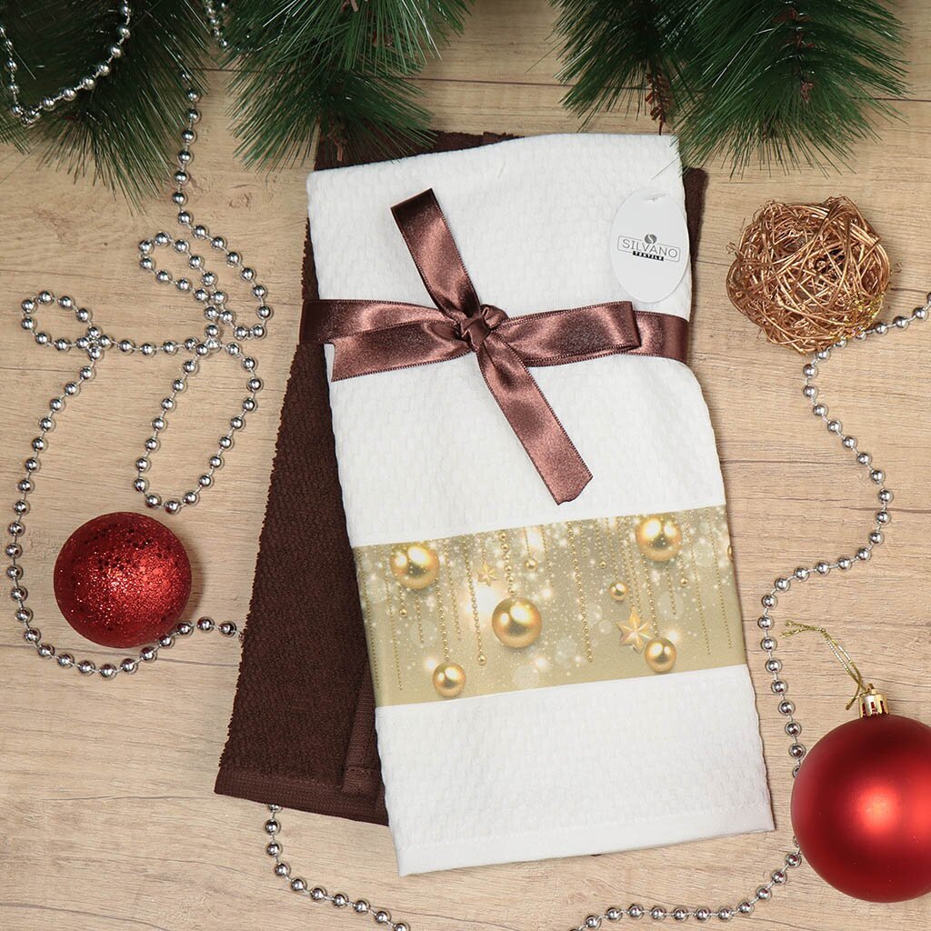 Набор полотенец кухонных 2 шт, 40х60 см, махровый и вафельный, 100% хлопок, Silvano, Фотопечать Золотые шары, Турция, D17-13