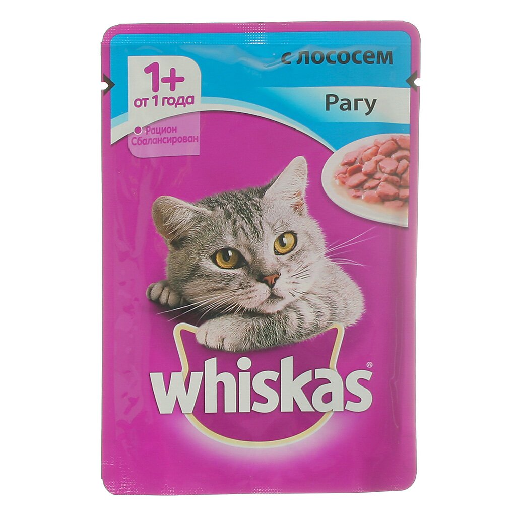 Корм для животных Whiskas, 85 г, для взрослых кошек, рагу, лосось, пауч, 10137258
