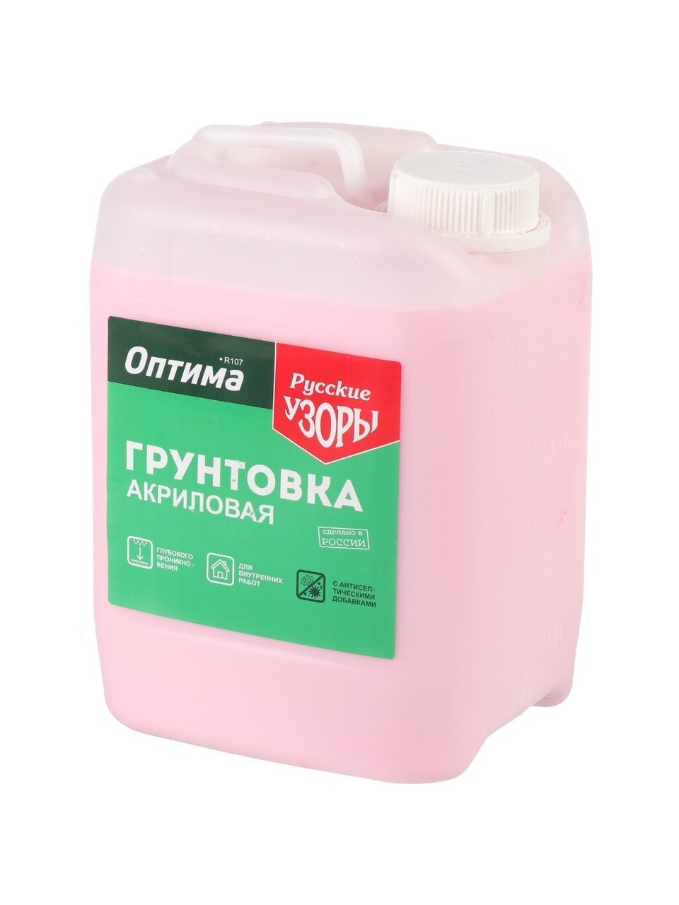 Грунтовка водно-дисперсионная, акриловая, Русские узоры, Оптима R107, глубокого проникновения, для внутренних работ, 5 л