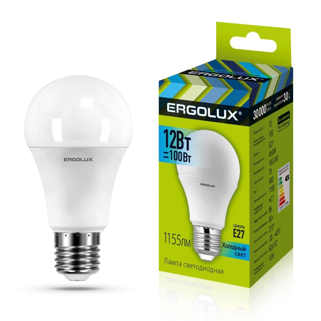 Лампа светодиодная E27, 12 Вт, 100 Вт, 220 В, груша, 4500 К, свет холодный белый, Ergolux свет надежды
