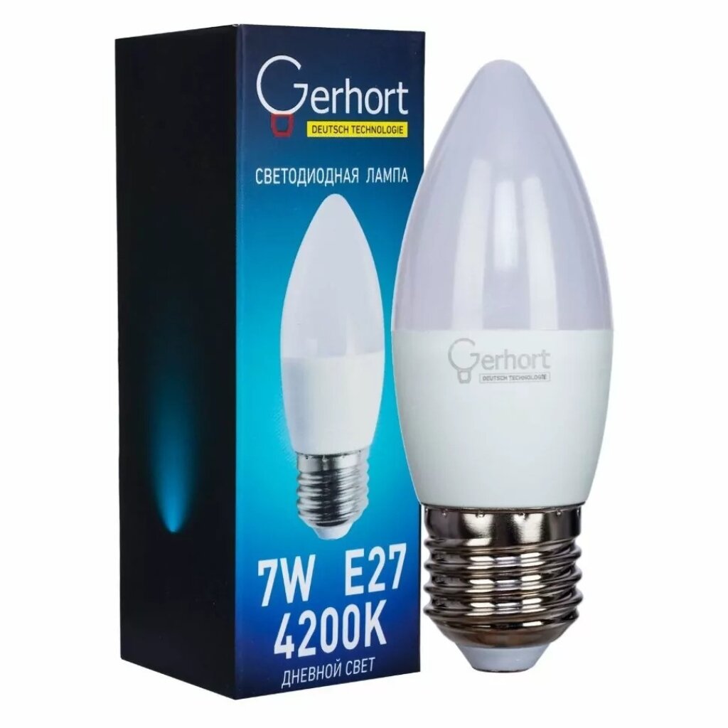 Лампа светодиодная E27, 7 Вт, свеча, 4200 К, свет дневной, Gerhort, Лампа