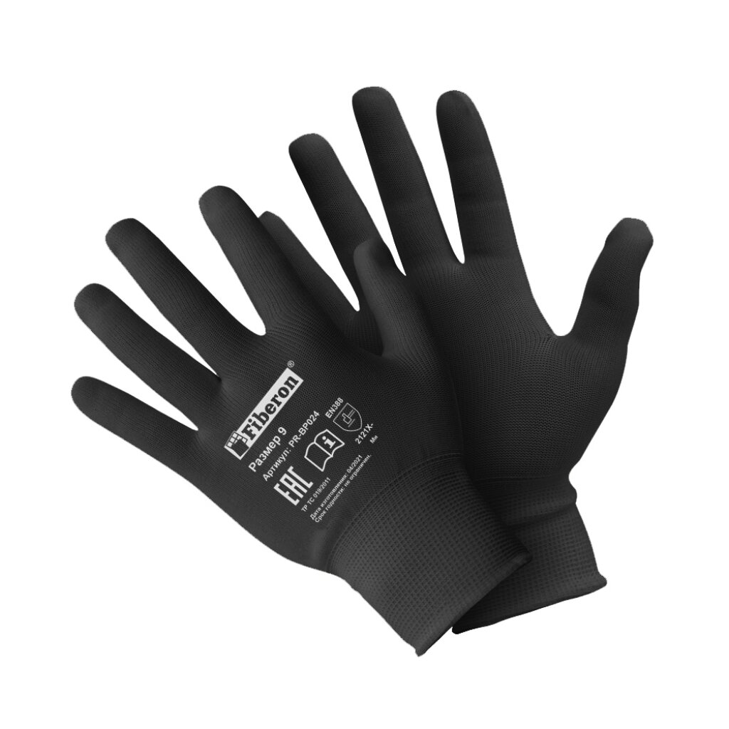 Перчатки для сборочных работ, полиэстер, 9 (L), черная основа, Fiberon, индивидуальная упаковка перчатки нейлон нитриловый облив черная основа люкс