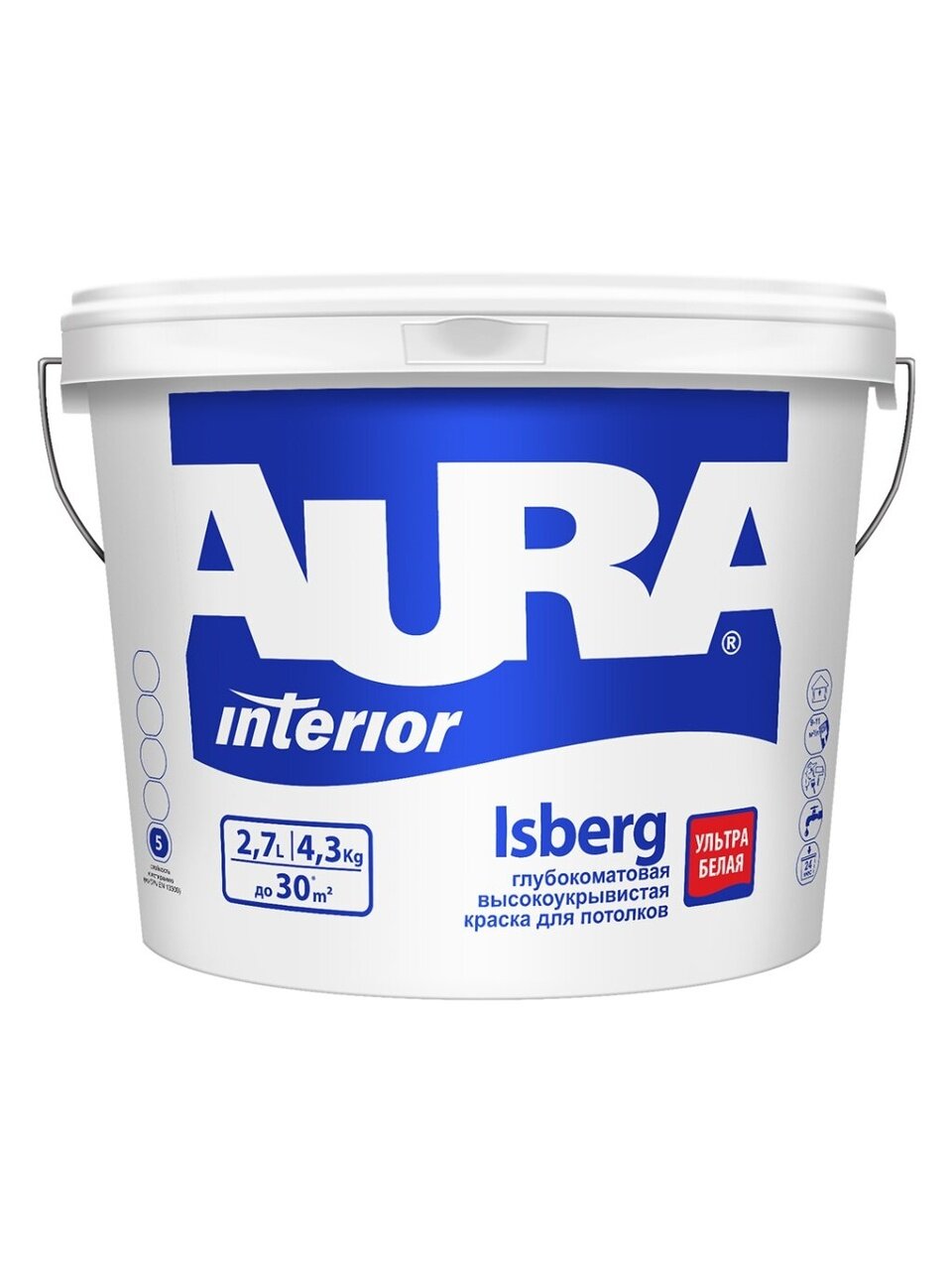 Краска водно-дисперсионная, Aura, Isberg, акриловая, для потолков, матовая, 2.7 л