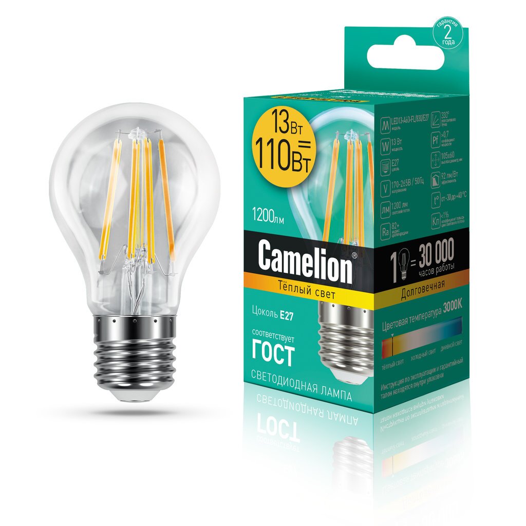 Лампа светодиодная 13Вт 220В 3000К Camelion LED13-A60-FL/830/E27