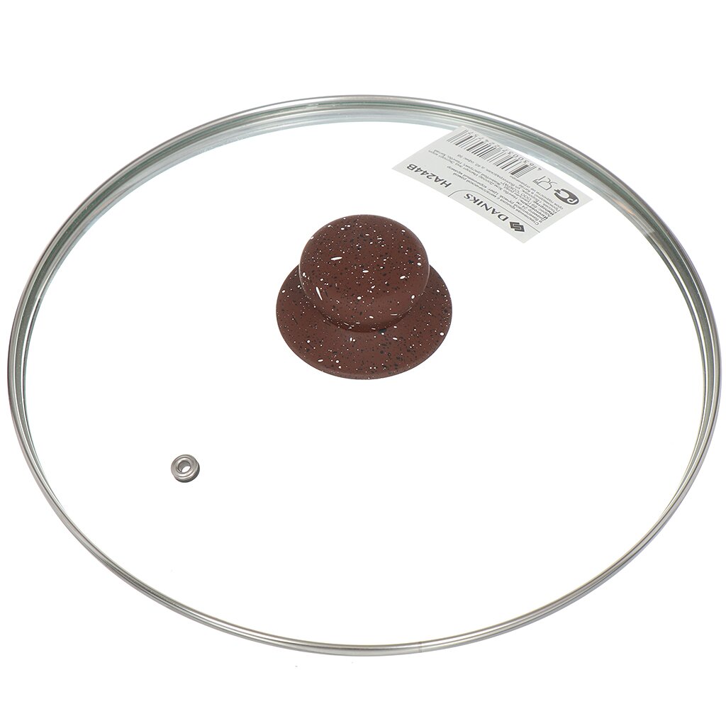 Крышка для посуды стекло, 24 см, Daniks, Коричневый Мрамор, металлический обод, кнопка бакелит, HA244B