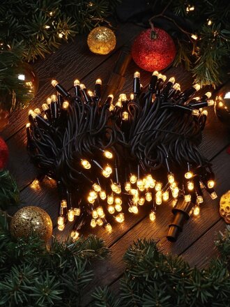 Гирлянда 150 ламп, 15 м, 1 режим, теплый белый свет, черная, на улице, сетевая, LED