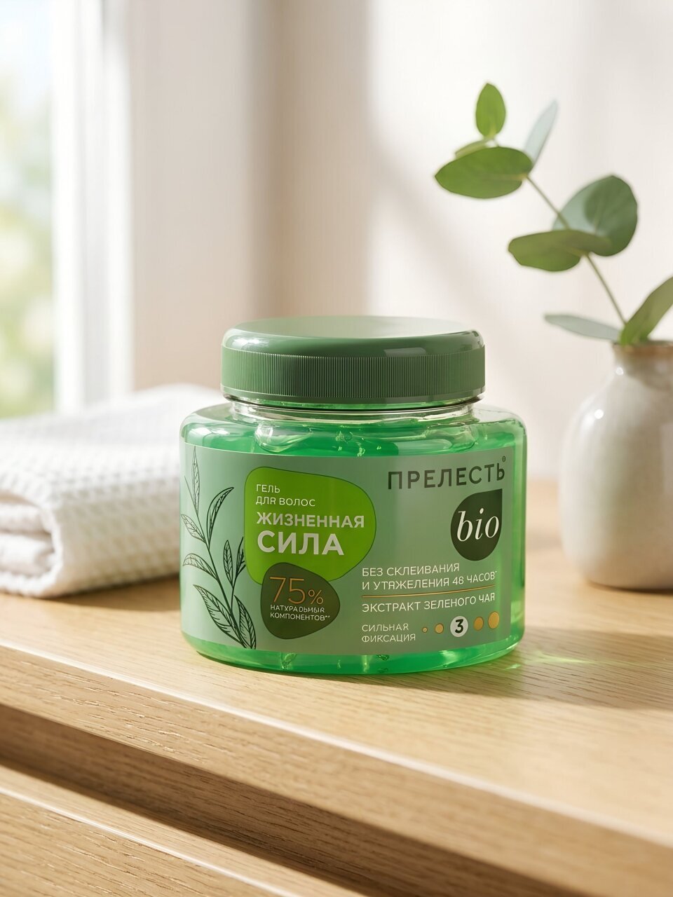 Гель для укладки волос Прелесть Био, Жизненная сила, сильная фиксация, 250 мл, с экстрактом зеленого чая