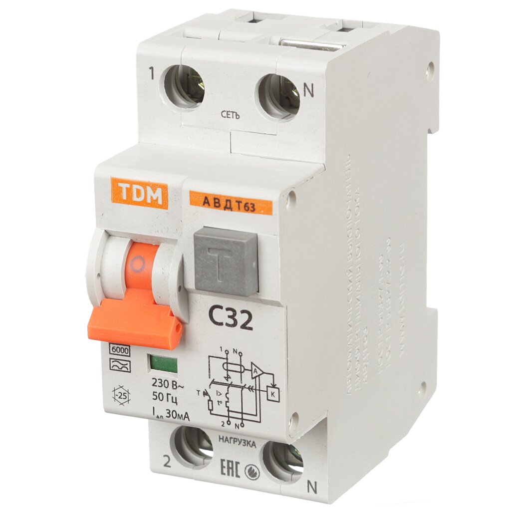Дифференциальный автоматический выключатель TDM Electric, АВДТ 63, 32, С, 30 мА, SQ0202-0005