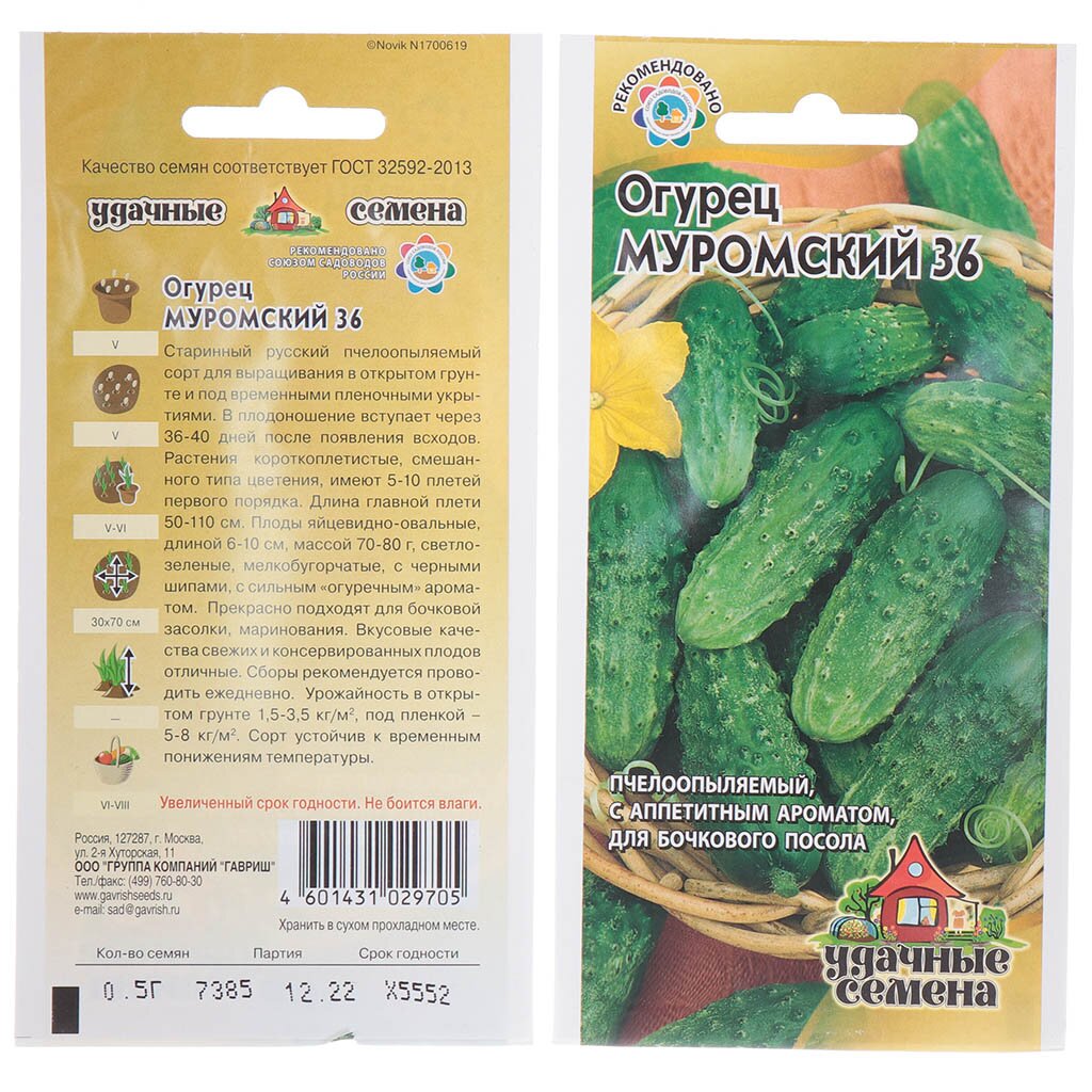 Семена Огурец, Муромский 36, 0.5 г, Удачные семена, цветная упаковка, Гавриш