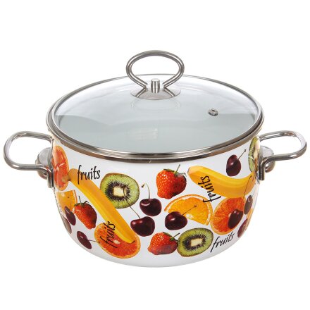 Кастрюля эмалированная сталь, 2 л, крышка сталь, петля, сферический, СтальЭмаль, Fruits, 1SC185S, белая, индукция