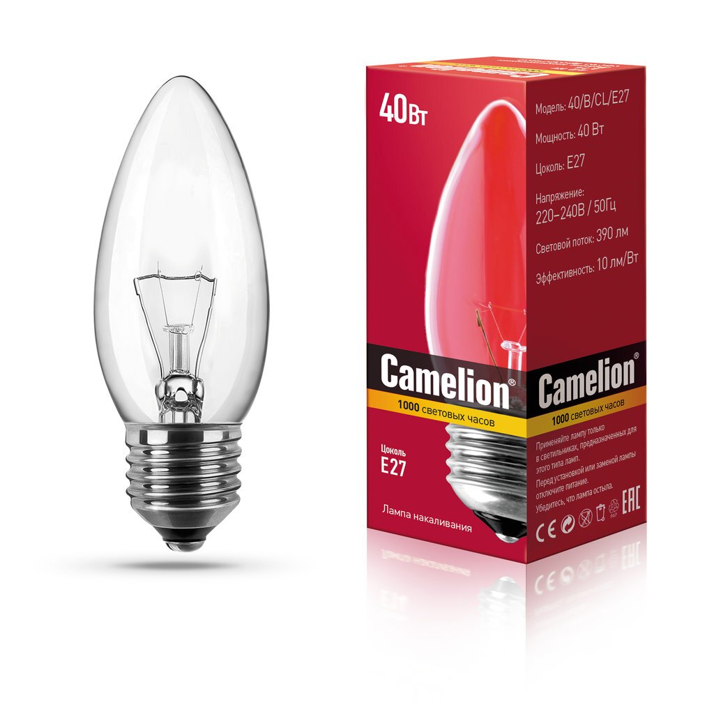 Лампа накаливания с прозрачной колбой, свеча MIC Camelion 40/B/CL/E27