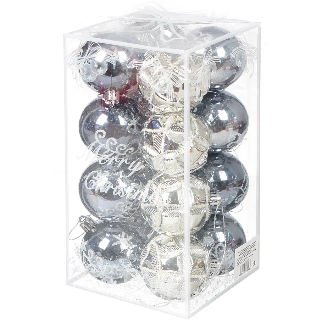 Елочный шар 16 шт, серый, серебро, 6 см, пластик, SYCB17-158