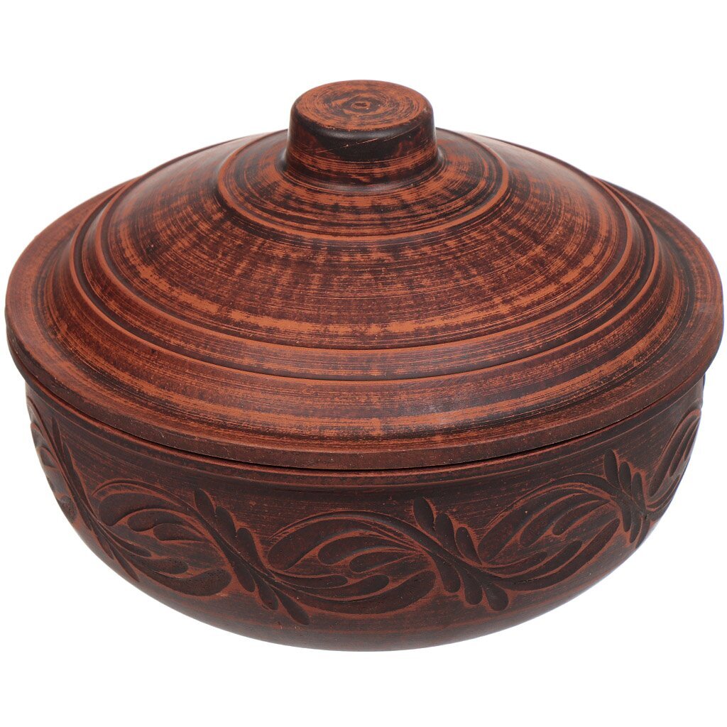 Форма для запекания керамика, 2.5 л, круглая, с крышкой, красная глина, Жаровня средняя