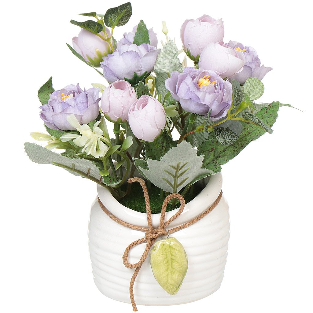 Цветок искусственный декоративный Букет роз, в кашпо, 16 см, фиолетовый, кремовый, Y6-2054