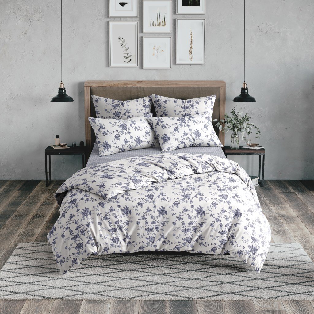 Постельное белье 2-спальное, простыня 180х220 см, 2 наволочки 50х70 см, пододеяльник 175х215 см, Ночь нежна, поплин, Темные веточки 9635-1+965