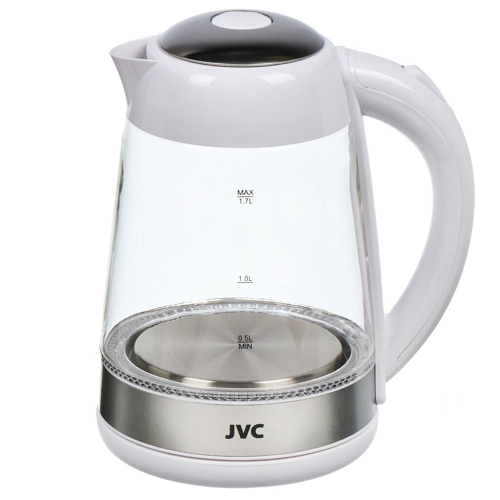 Чайник электрический JVC, JK-KE1705, белый, 1.7 л, 2200 Вт, скрытый нагревательный элемент, стекло, нержавеющая сталь чайник электрический lofter 2 л скрытый нагревательный элемент стекло
