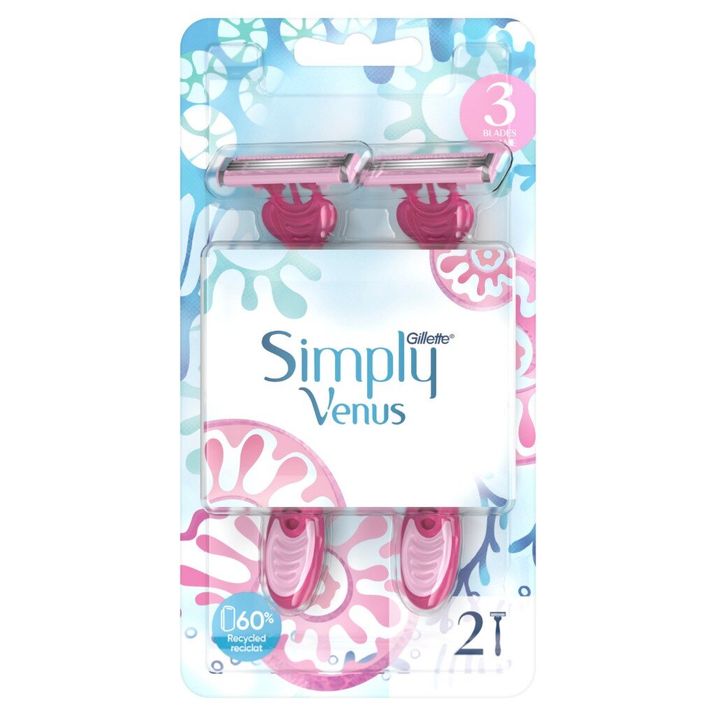 Станок для бритья Venus, Simply, для женщин, 3 лезвия, 2 шт, одноразовые, 0050005249 сменные кассеты для бритв venus smooth для женщин 4 шт
