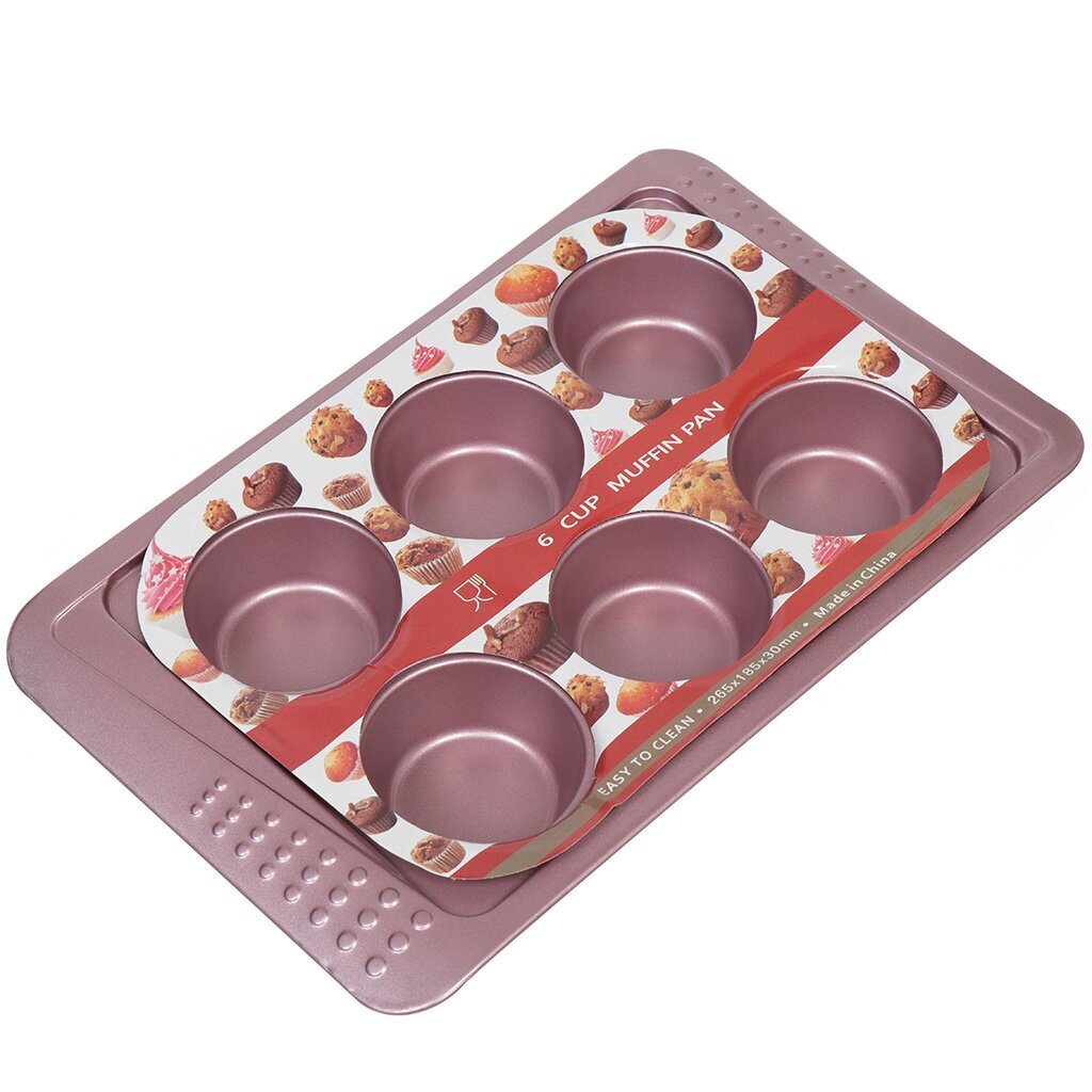 Форма для запекания сталь, 19.5х31.5х3.5 см, антипригарное покрытие, прямоугольная, 6 маффинов, розовая, Y6-2551