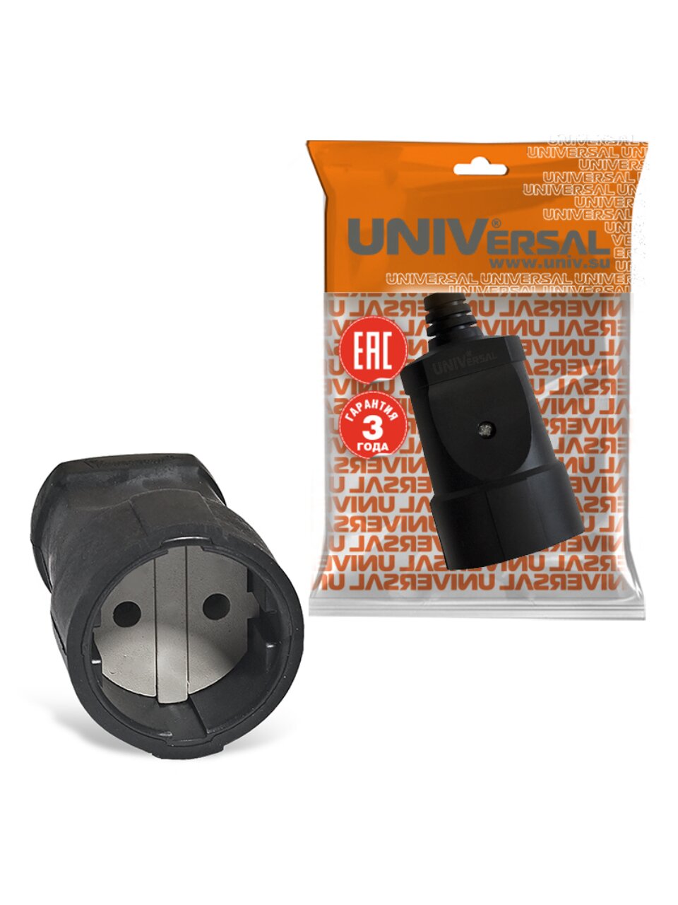 Штепсельное гнездо без заземления, 10 А, 250 В, черное, еврослот, UNIVersal, ОА0150