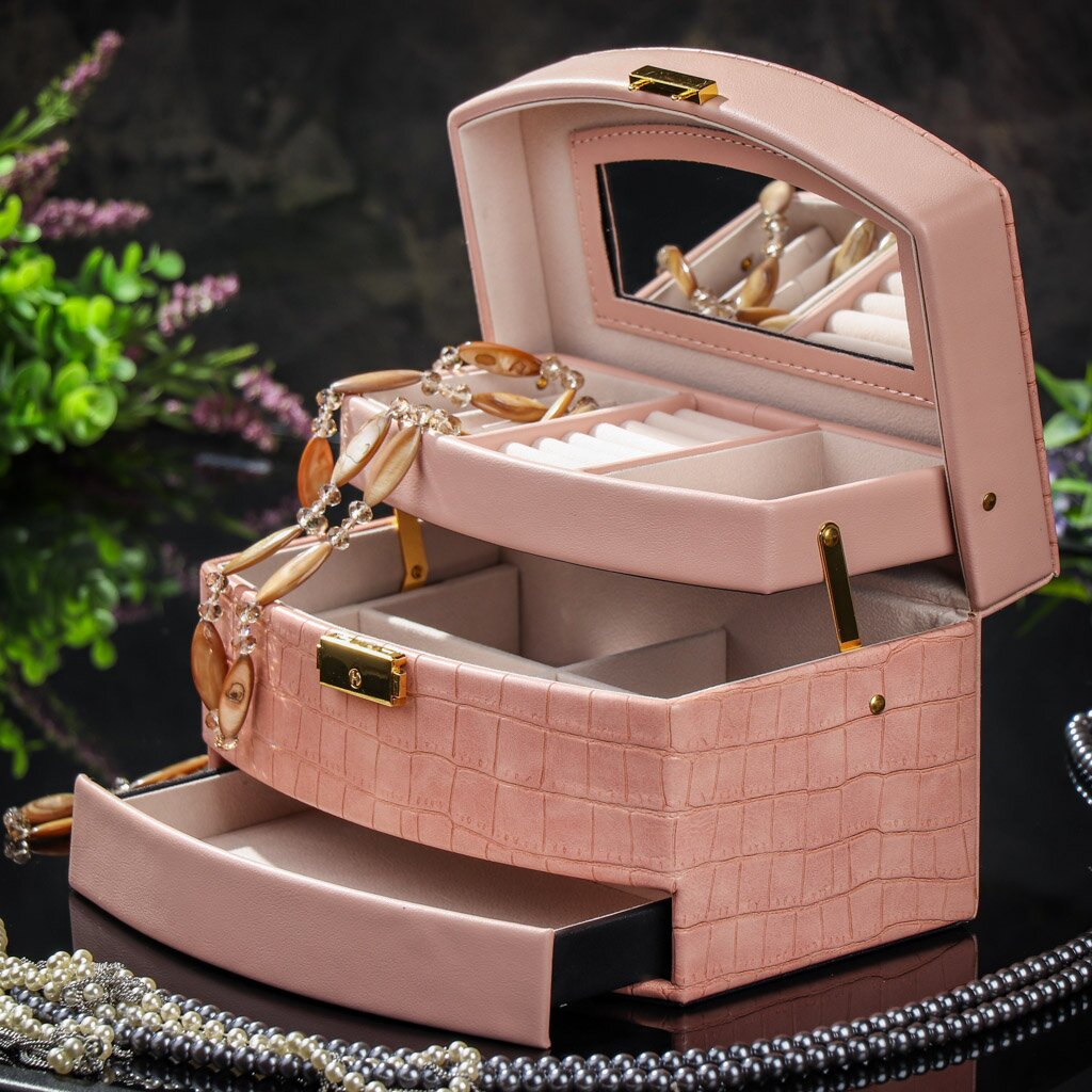 Шкатулка-кейс для украшений и косметики, полимер, 21.5х15х13 см, розовая, Y4-5320-2 шкатулка музыкальная механическая с зеркалом сумочка с мишкой розовая 5 3х12 5х14 5 см