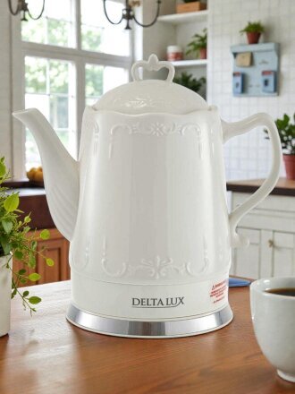 Чайник электрический Delta Lux, DL-1236, 1.5 л, диск, вращение корпуса, световой индикатор, 1500 Вт, скрытый нагревательный элемент, фарфор