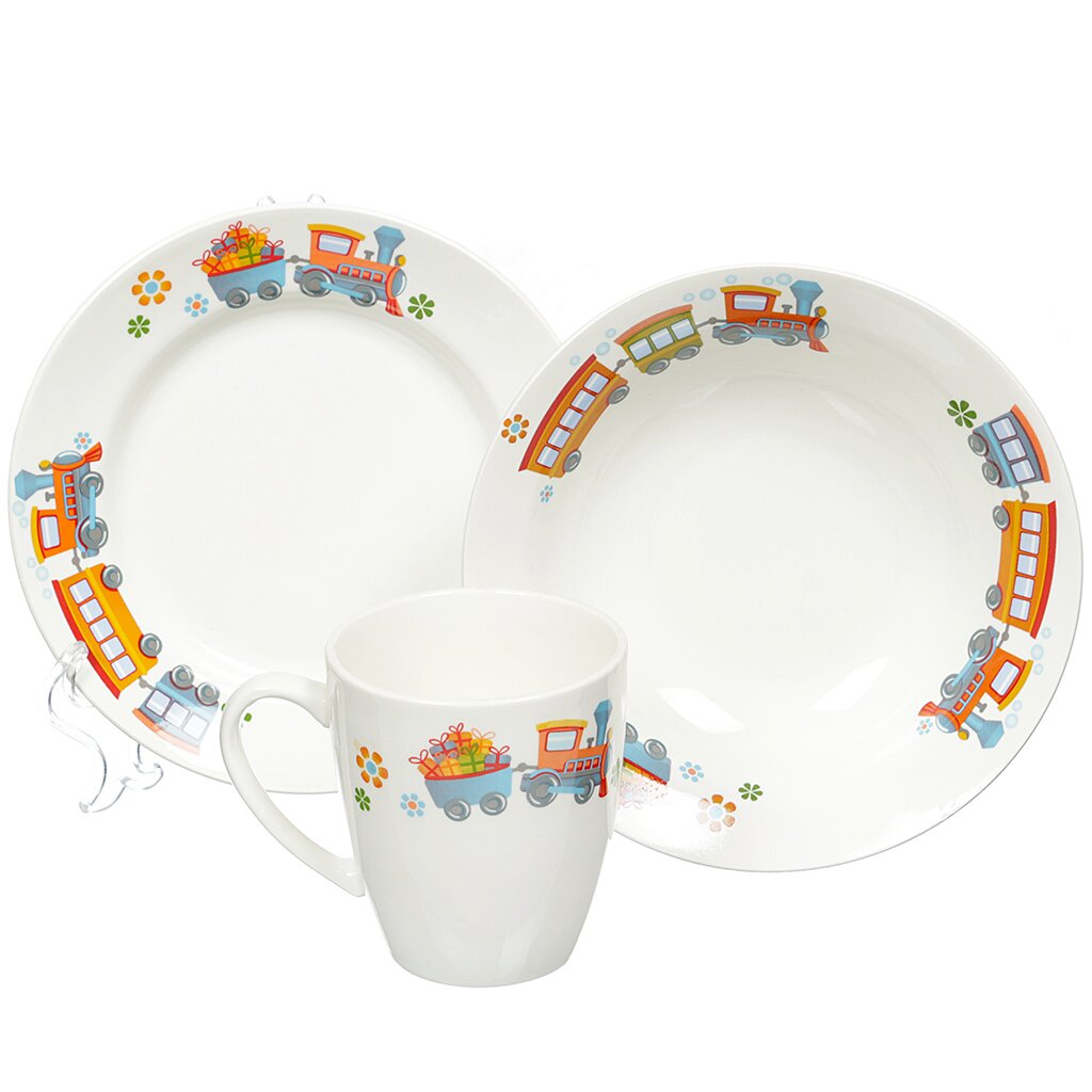 Набор детской посуды керамика, 3 шт, Паровозик, кружка, тарелка, салатник, Кубаньфарфор, белый, 0839