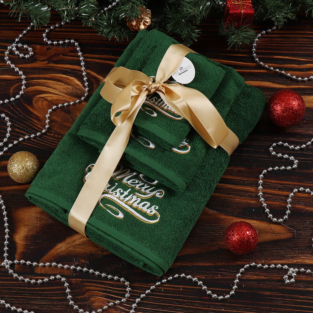 Набор полотенец 3 шт, 30х50 см, 50х90 см, 70х130 см, 100% хлопок, Silvano, Счастливого Рождества!, зеленый, Турция