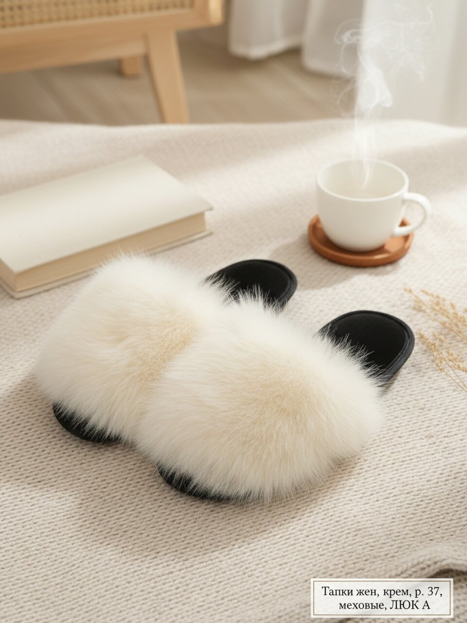 Тапки для женщин, кремовые, р. 37, меховые, ЛЮКС А