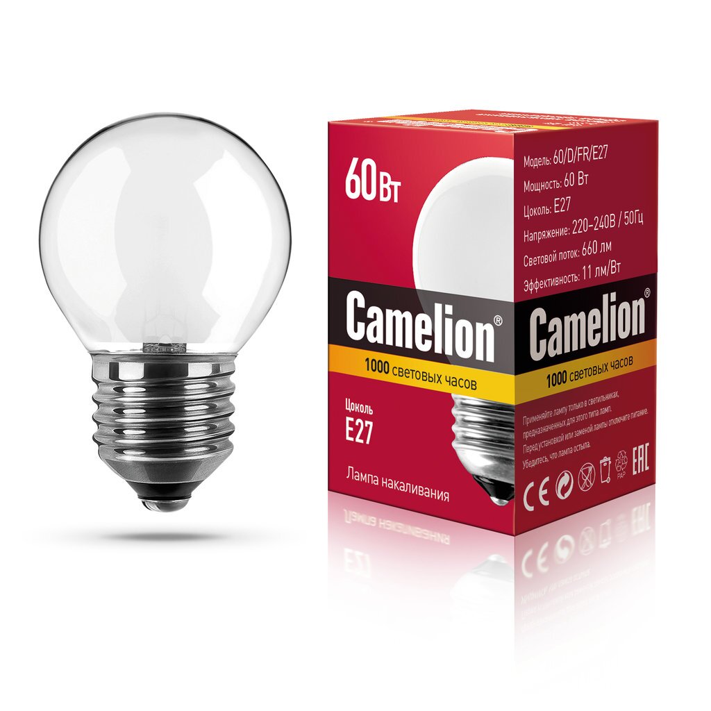 Лампа накаливания с матовой колбой, сфера MIC Camelion 60/D/FR/E27