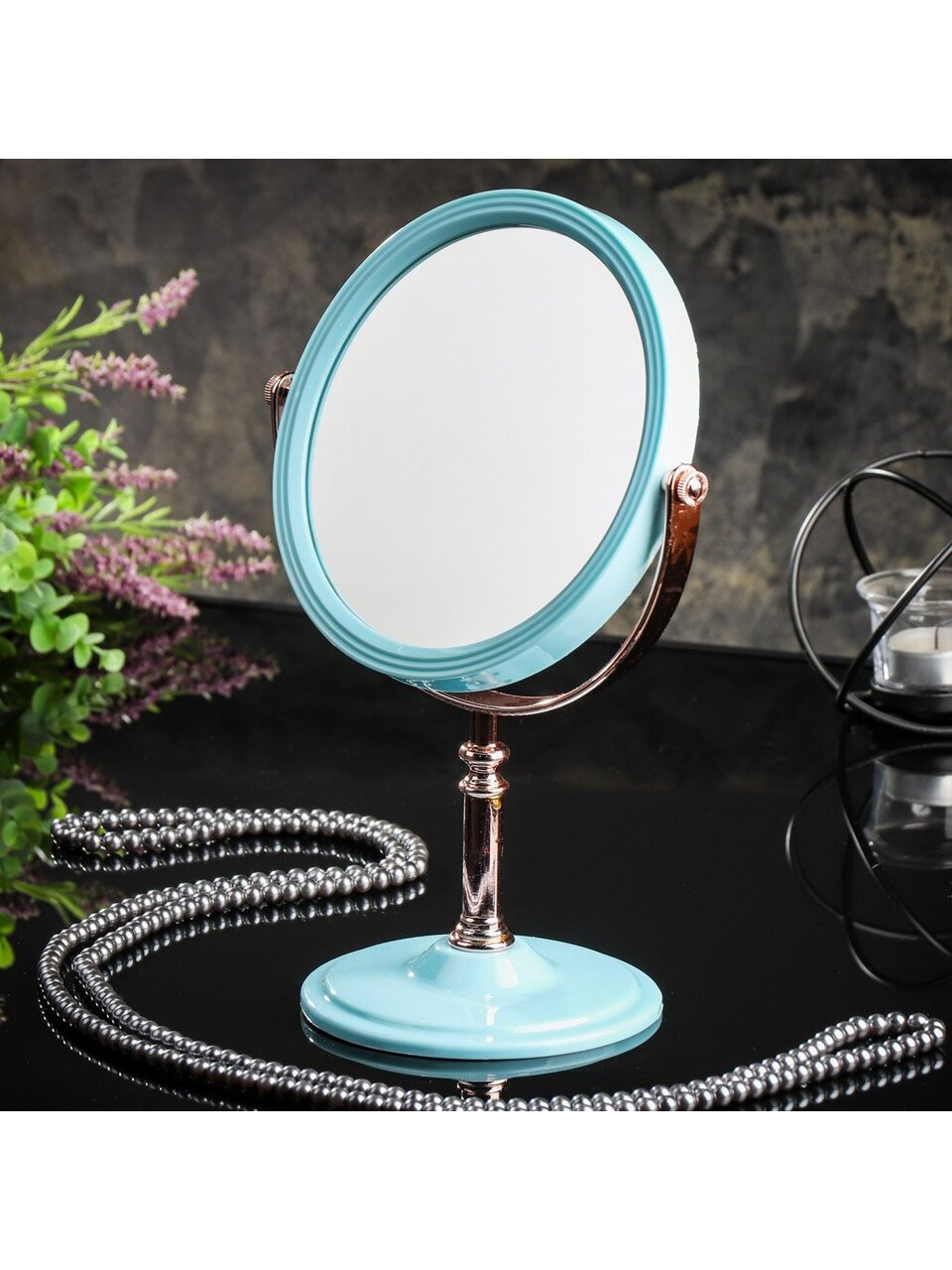 Зеркало настольное, металл, пластик, на ножке, круглое, голубое, A070015